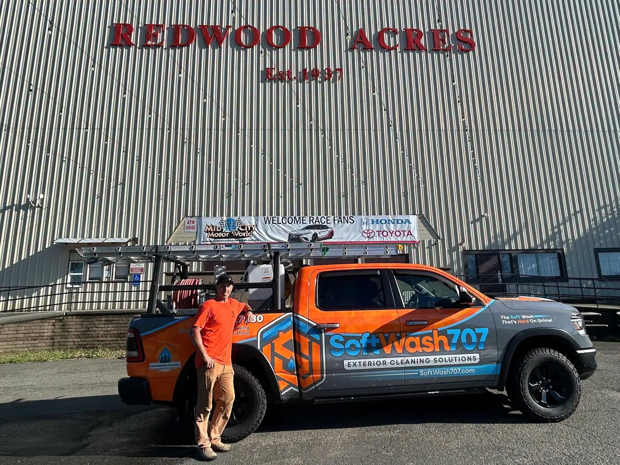 SoftWash 707 owner with the company softwash truck outside Redwood Acres in Eureka, California.