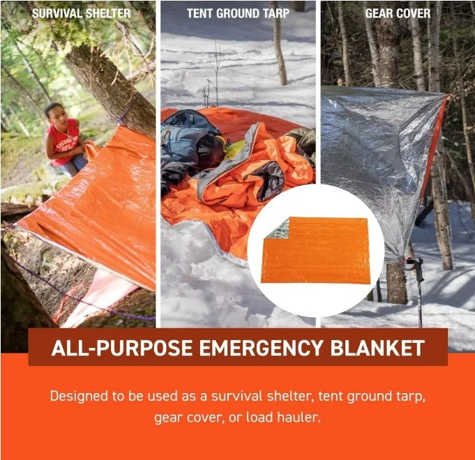 A multi-purpose emergency blanket can serve as shelter, warmth, or ground tarp.
