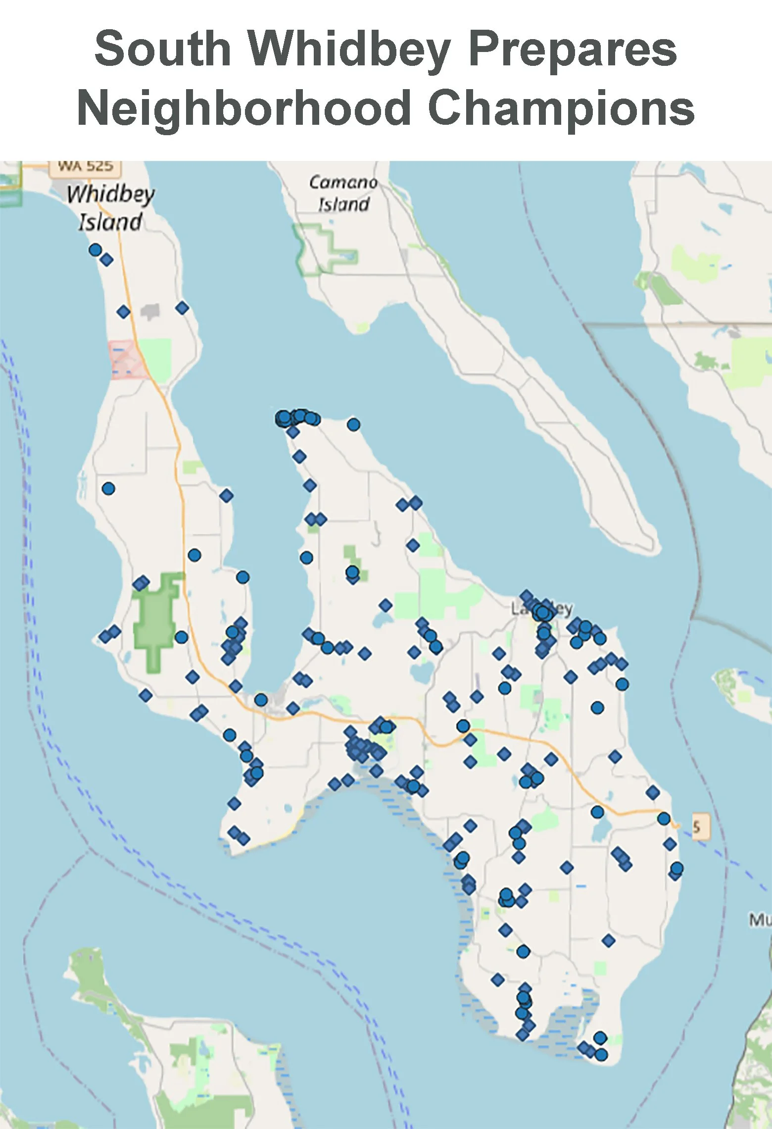 Map of the location of many of the neighborhood champions on South Whidbey Island.