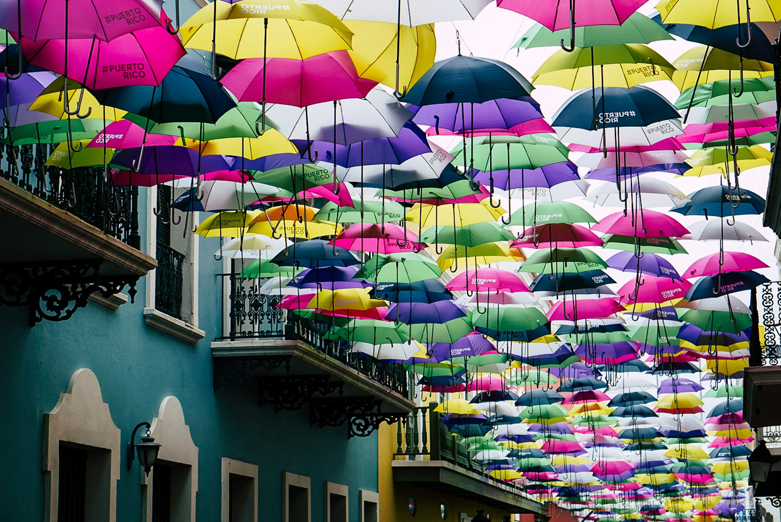 A street decorated with numerous colorful umbrellas suspended overhead, creating a vibrant canopy.