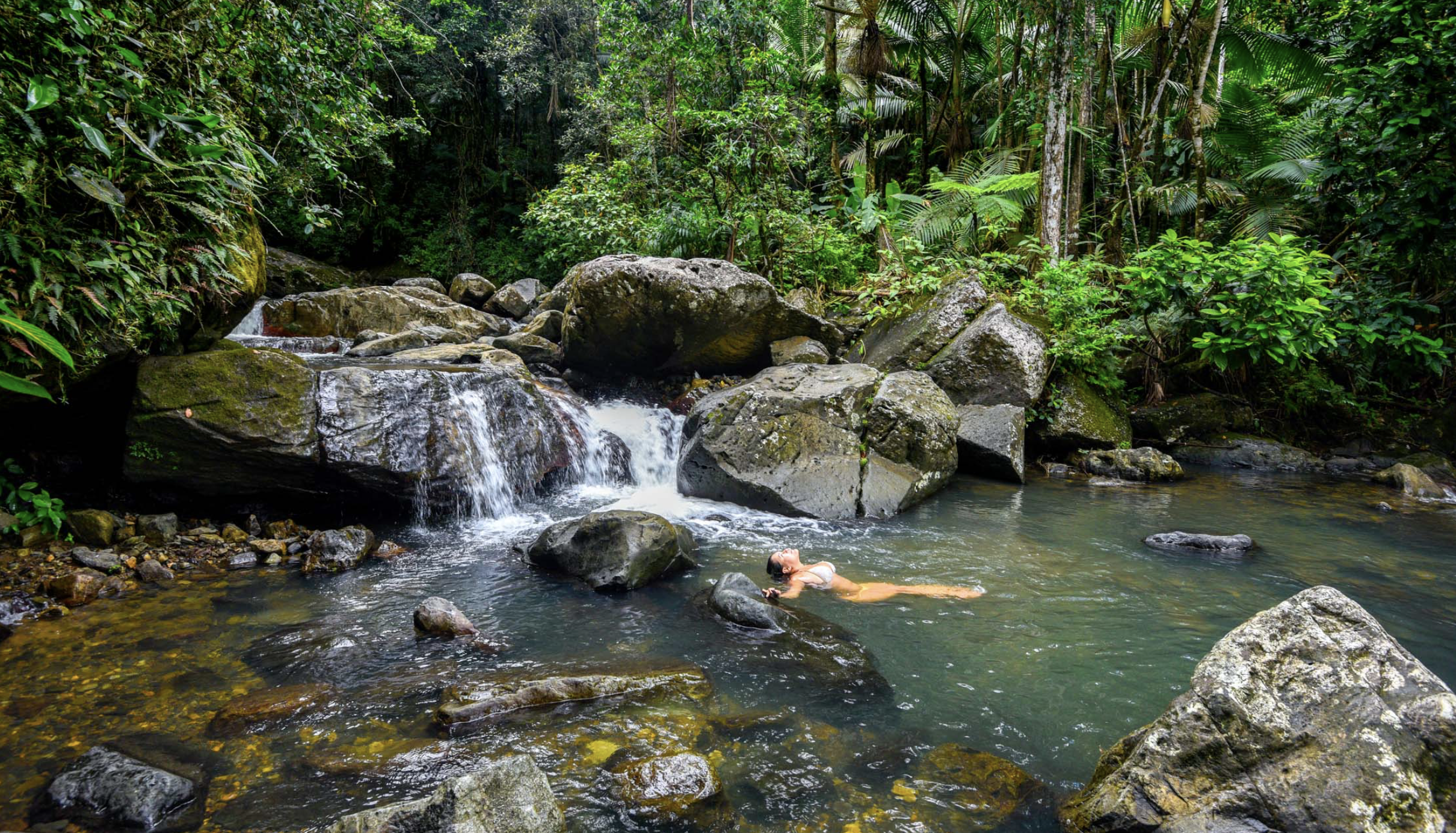 A woman relaxes on rocks in a lush jungle stream with a small waterfall.