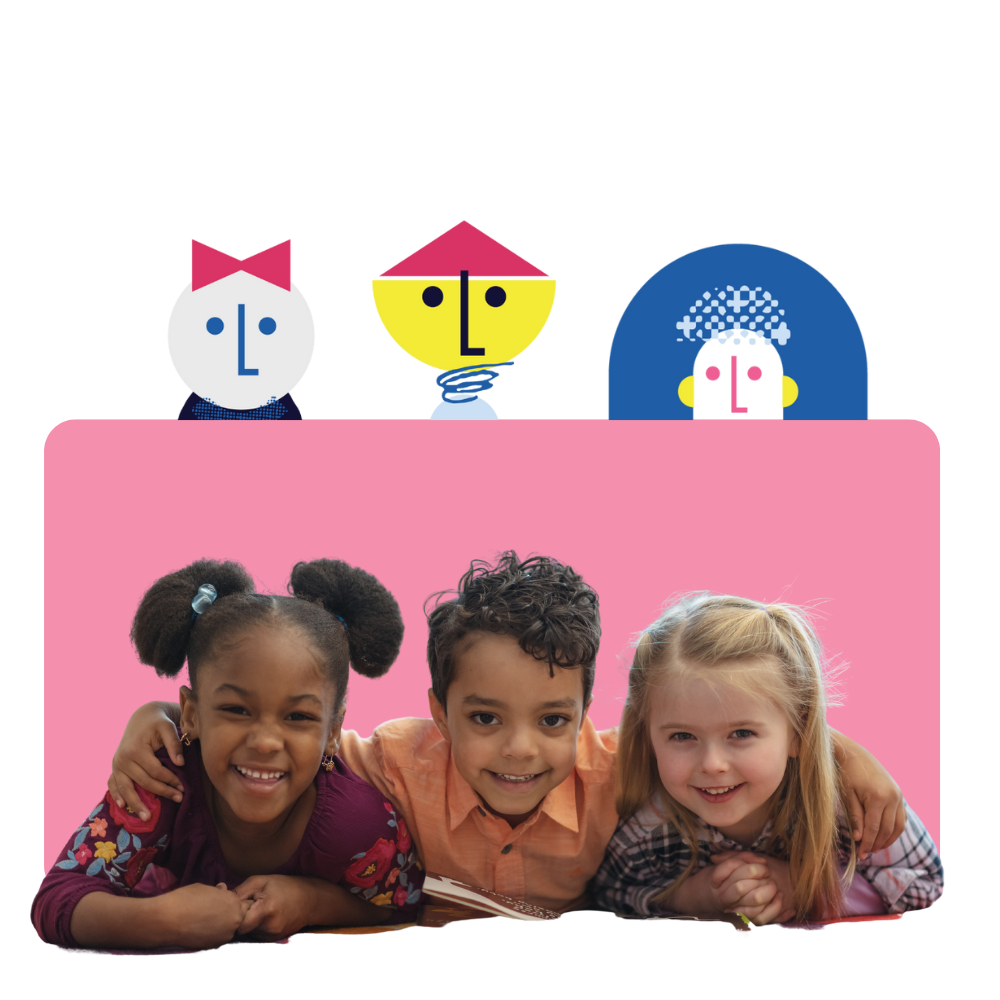 Children lying down on a pink surface, smiling and hugging each other, with colorful, abstract cartoon faces above.