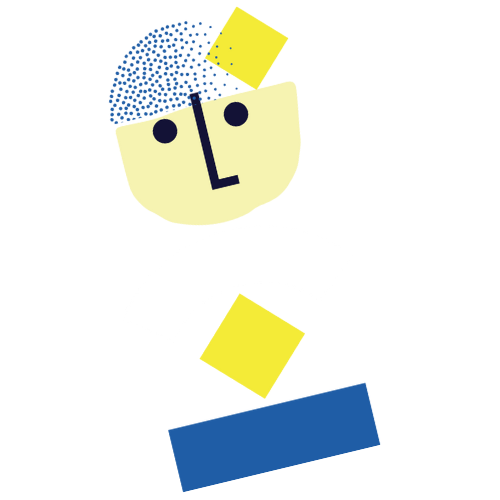 Abstract geometric art representing a stylized person with a blue circular head, yellow square hair, a beige face, two black eyes, and minimal facial features, with colorful rectangular shapes as body parts on a black background.