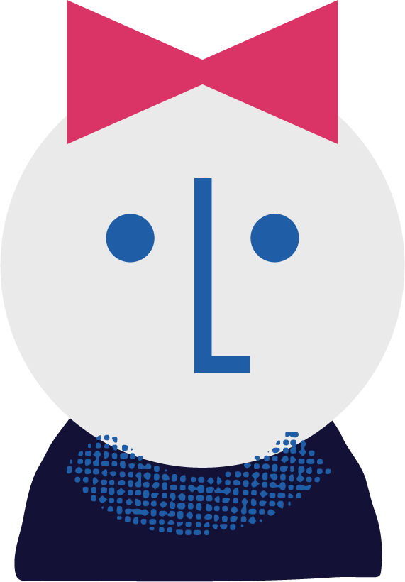 Cartoon illustration of a bird with a round white face, pink bow tie, blue eyes, and dotted beard, wearing a dark blue shirt.