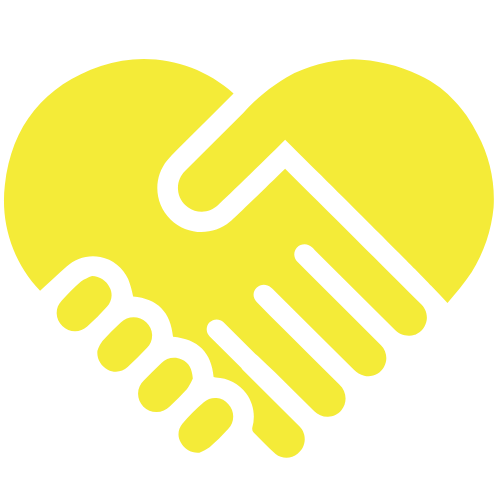 Yellow heart with black outline in the shape of two hands shaking.