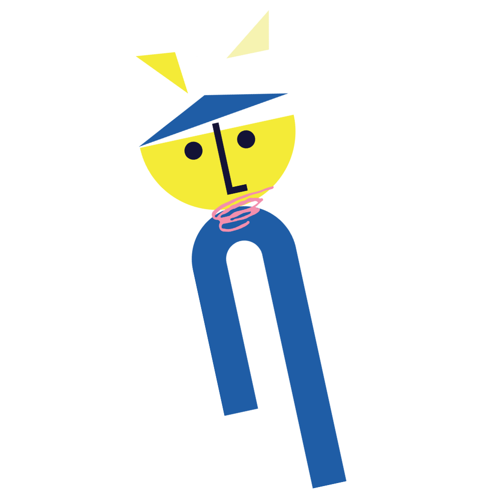 A colorful digital illustration of a stylized human figure with a yellow face, black eyes, and a simple black nose. The person is wearing a dark blue cap, a pink choker, and has a long blue U-shaped body with no visible arms or legs, set against a black background.