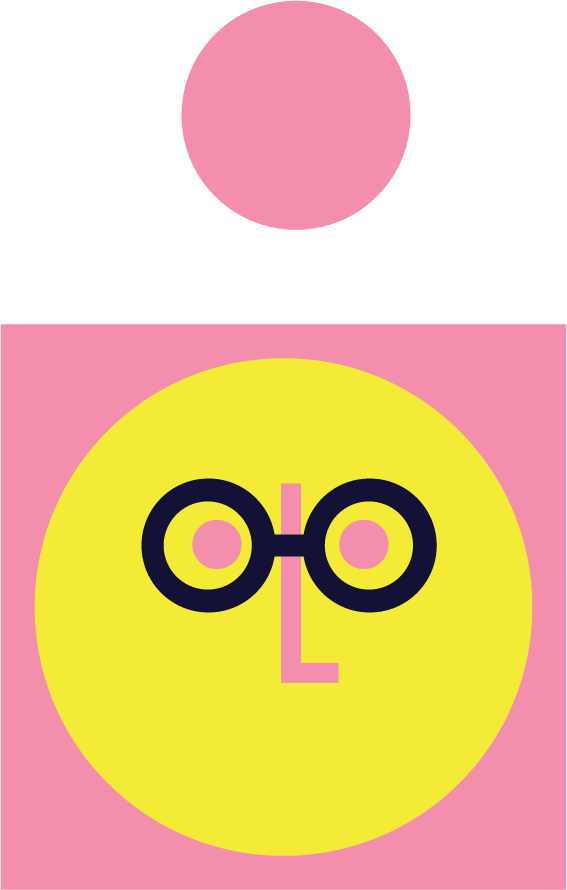 A minimalist illustration of a cute character with a pink head, yellow face, pink body, and black glasses.