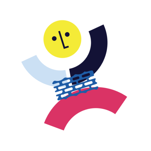 Abstract cartoon of a smiling clock face with multicolored semicircles around it.
