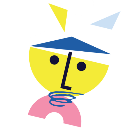 Abstract digital illustration of a stylized face with yellow skin, black eyes, a black nose, and pink lips, featuring geometric shapes and bright colors