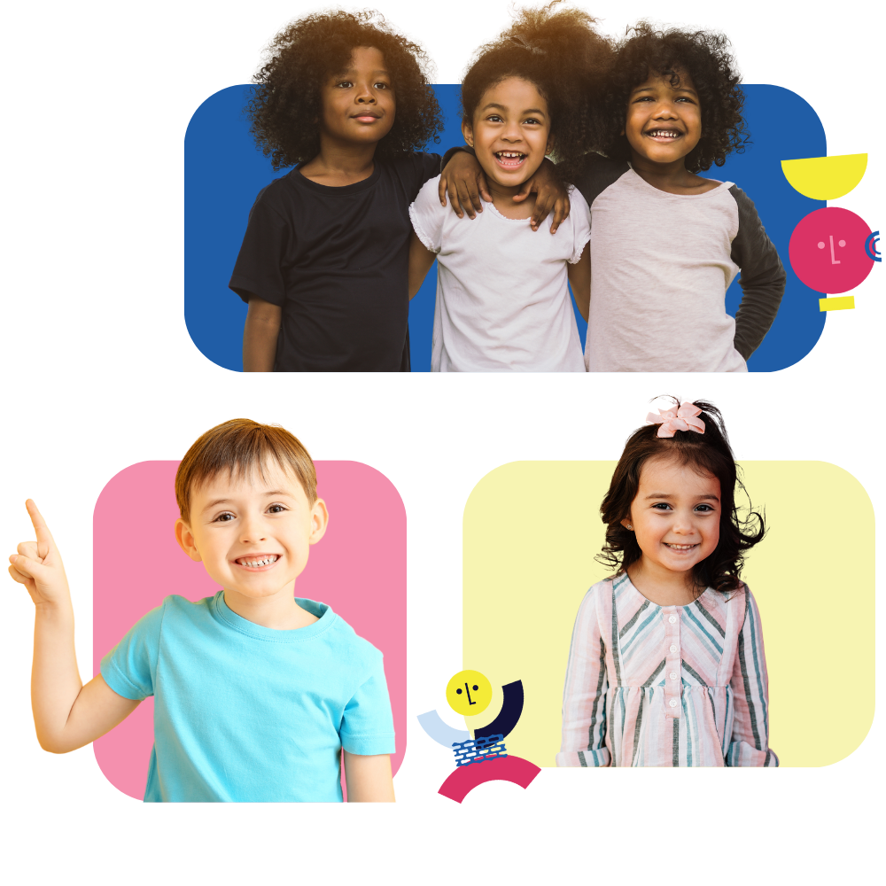 Group of five diverse smiling children, three girls in the top row and a boy and girl in the bottom row, posing against colorful backgrounds.
