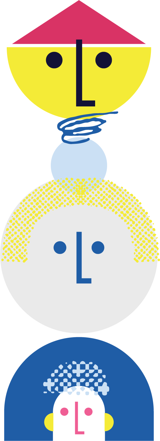 An abstract illustration of three faces stacked vertically, each with different colors and features, creating a stylized, cartoon-like figure.