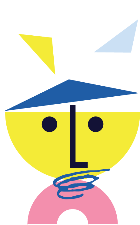 Abstract illustration of a face with a yellow circle for a head, cartoon-like features, and various geometric shapes and colors for hair and accessories.