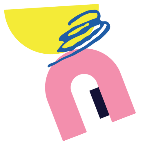 Drawing of a pink toothbrush with a black handle, a yellow background, and a blue spiral above it.