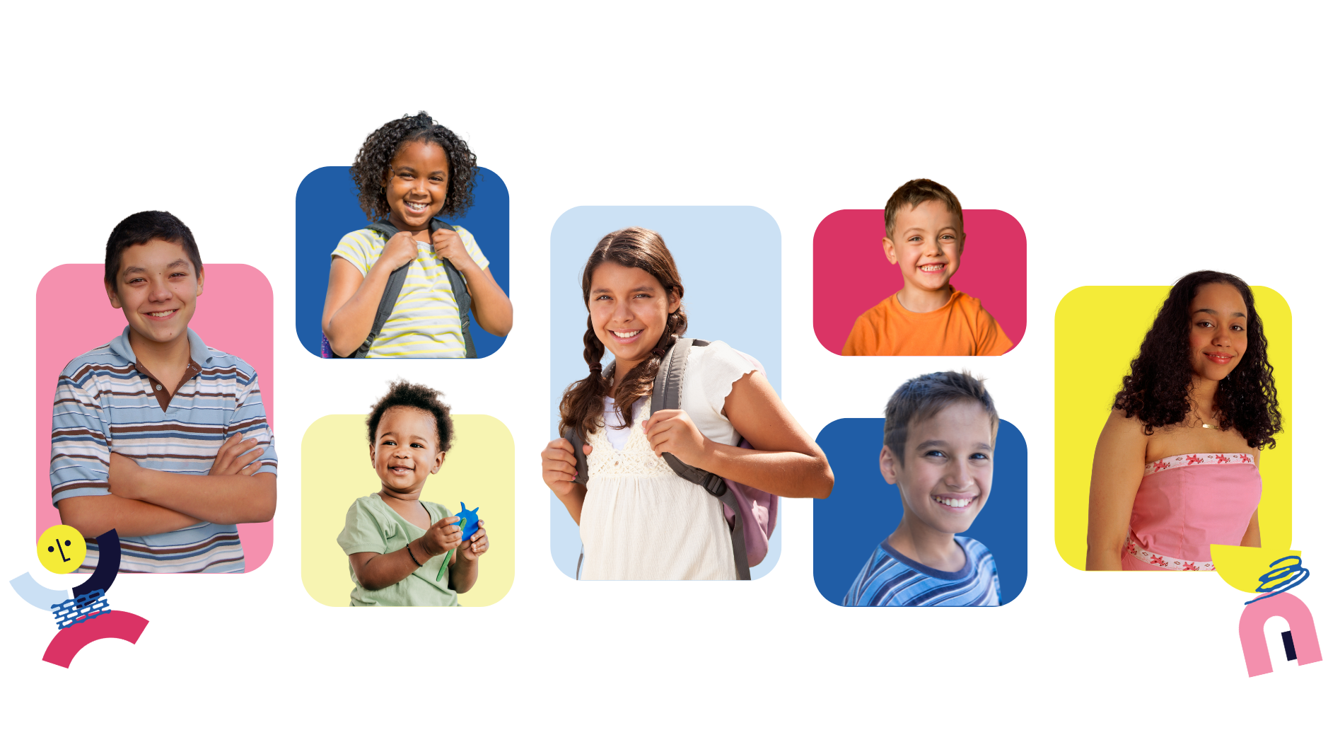 Group of children with diverse backgrounds smiling and standing in front of colorful geometric background.