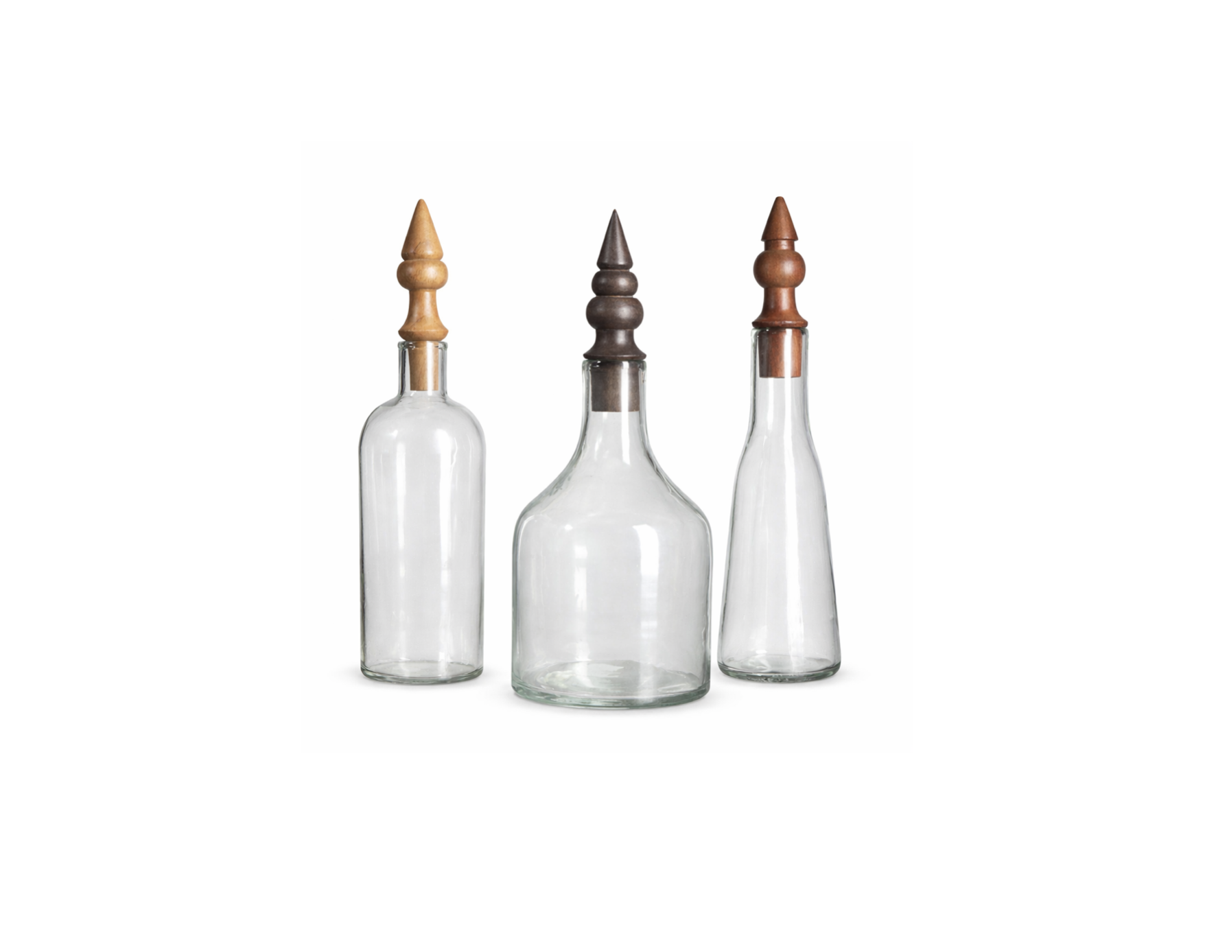 Set de 3 licoreras de vidrio y madera