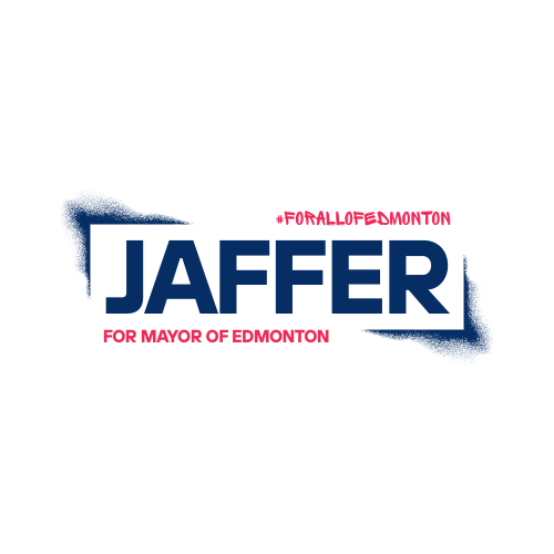 Campaign sign for Jaffer running for mayor of Edmonton, with blue and red text on a black background.