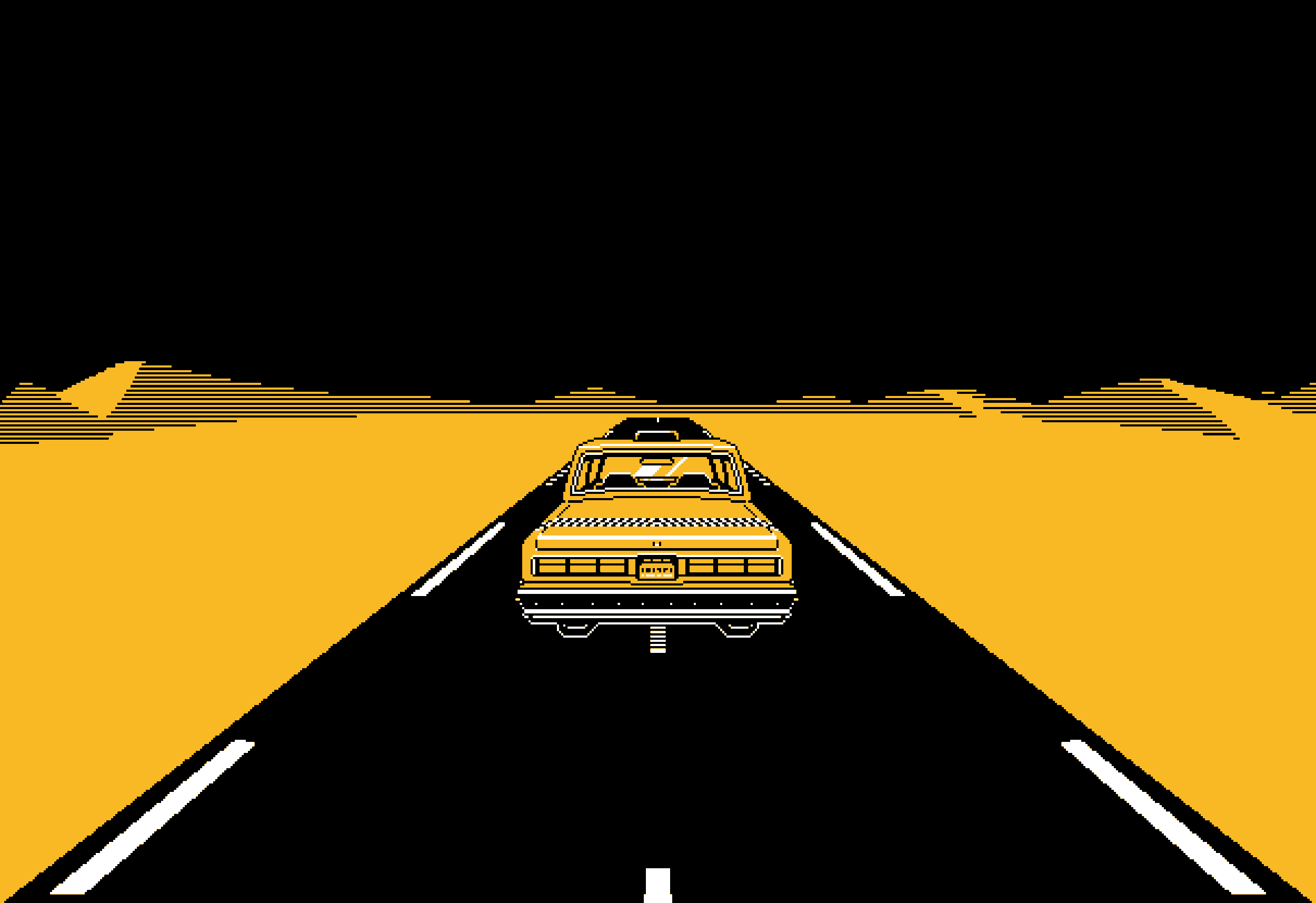 Pixel art style scene of a car driving down a two-lane road through a desert with mountains in the background, under a black sky.