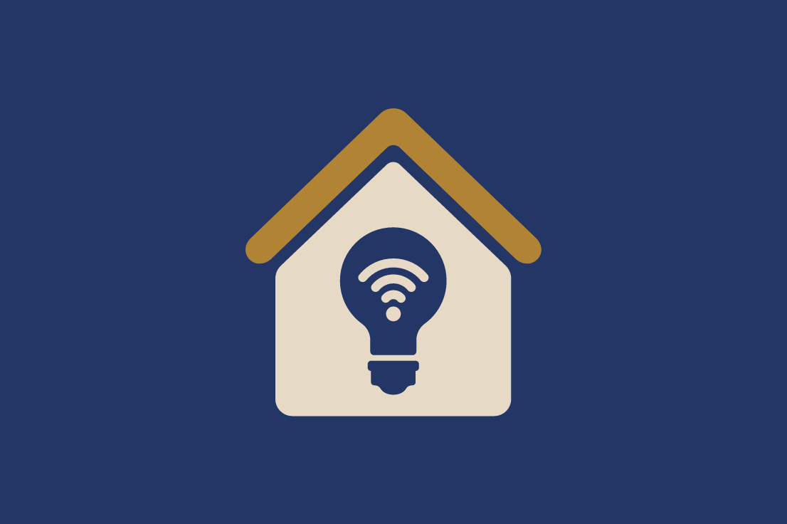 Icon of a house with a light bulb and Wi-Fi signal inside, on a dark blue background.