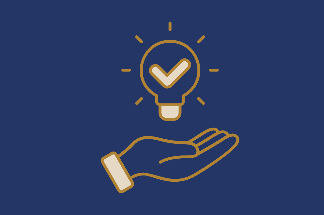 Illustration of a hand holding a light bulb with a check mark inside, symbolizing an idea or innovation.