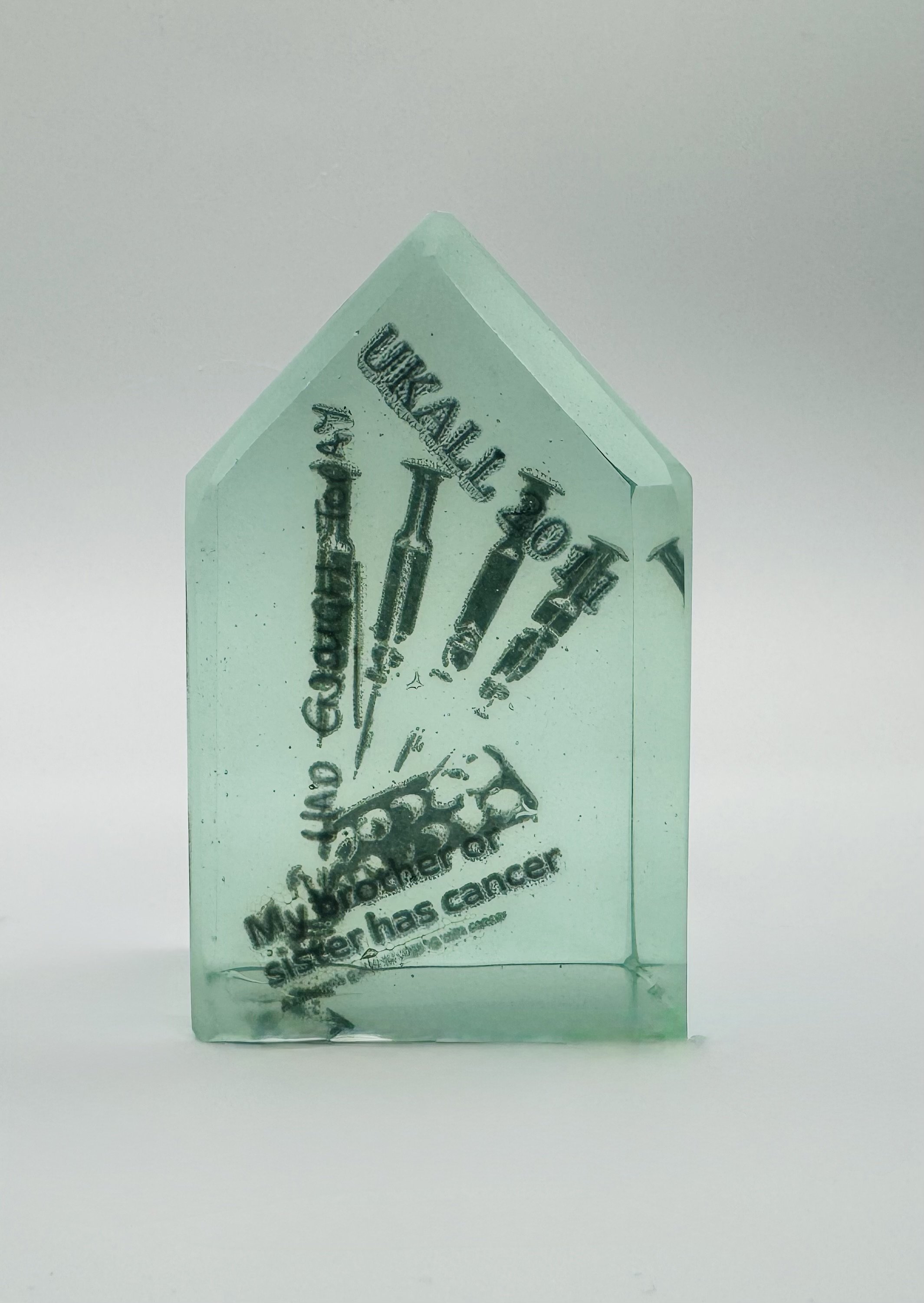 My Medical Home,
Cast layered float glass, enamel print 
10x5x4cm