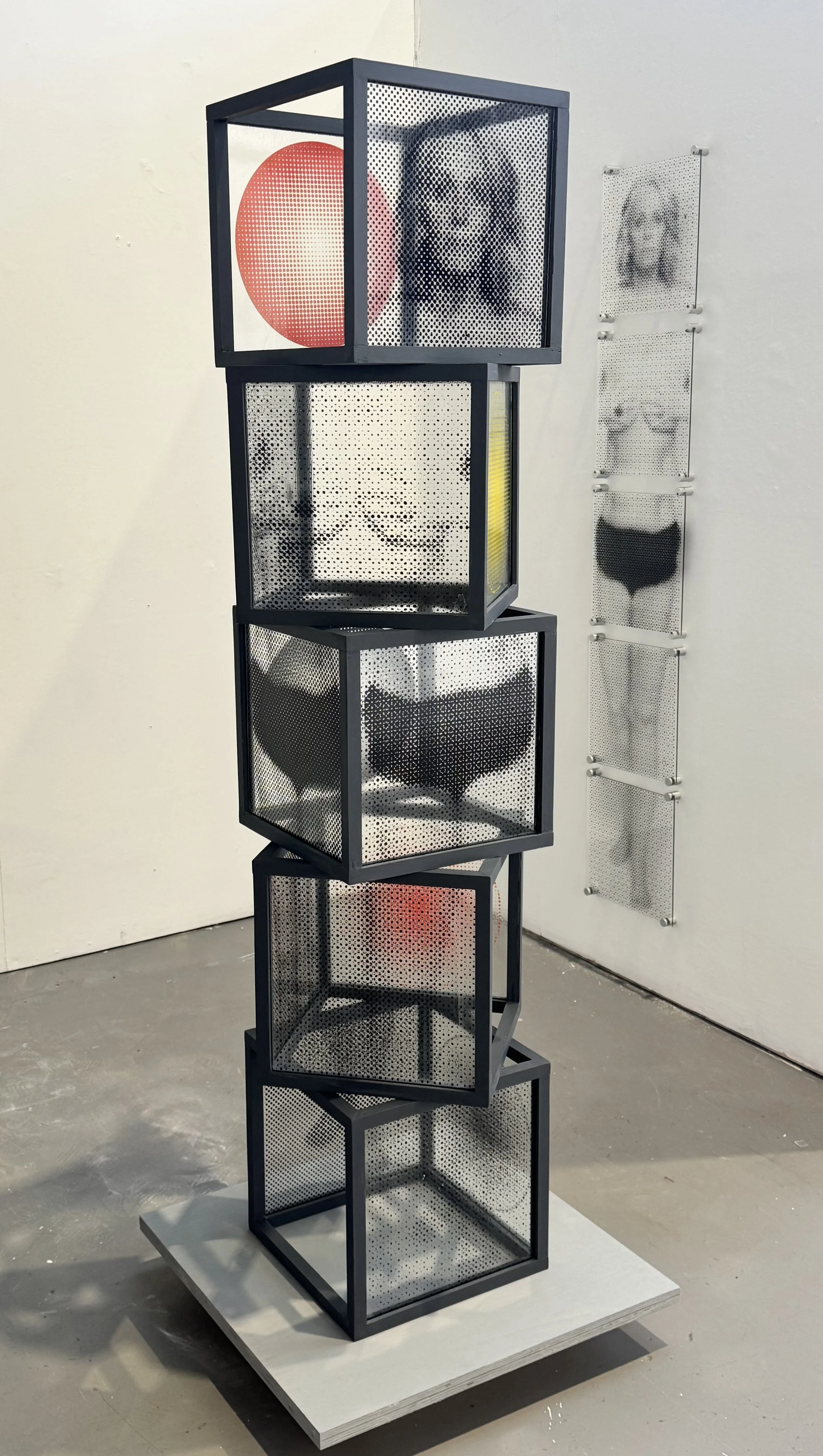 Incomplete Exposure,
Glass, enamel print, wood, 
Multiple parts 
30x30x150cm