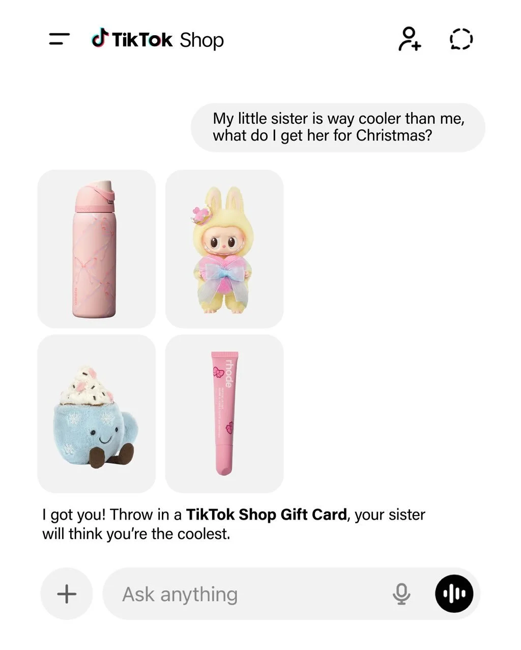 Looking for gift recs for the bestie? Prompt, shop, slay 🤖  And if you still can&rsquo;t find it, there&rsquo;s always the TikTok Shop gift card. #TikTokShop #GiftIdeas #TikTokShopFinds