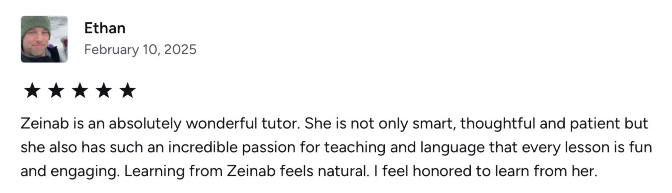 A five-star review written by Ethan praising Zeinab as a knowledgeable and passionate tutor.