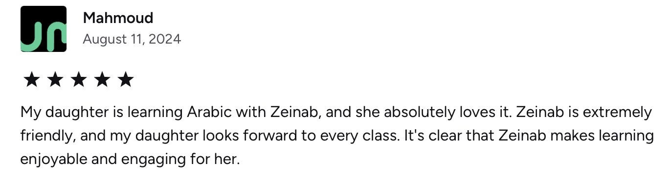 Review comment about a language learning class, mentioning Arabic and Zeinab, dated August 11, 2024.