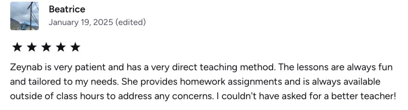 Customer review with five stars praising teacher Zeynab for her patience and effective teaching methods, mentioning personalized lessons and availability outside class hours.