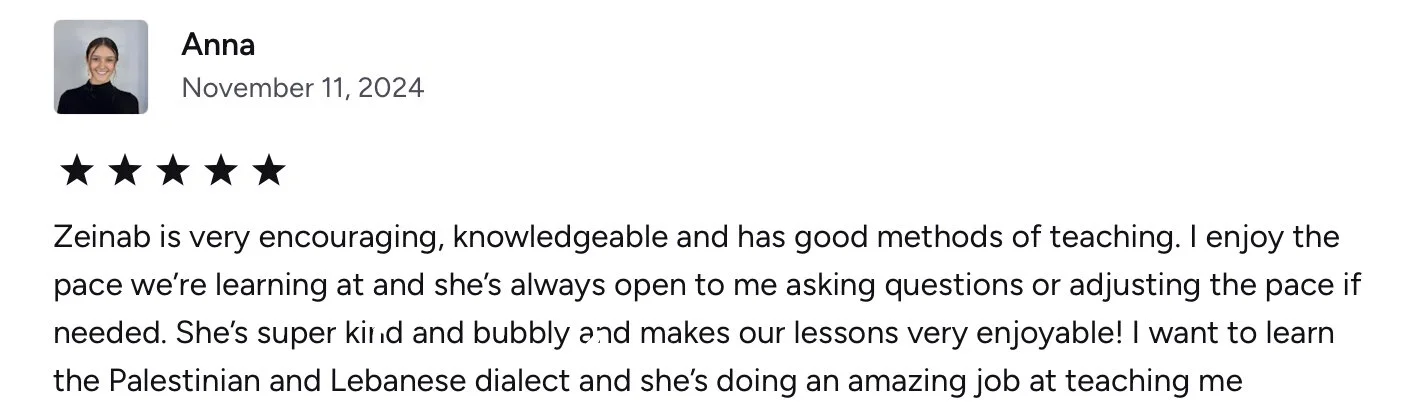 Screenshot of a positive student review for a teacher named Zeinab, praising her teaching methods and encouraging personality.
