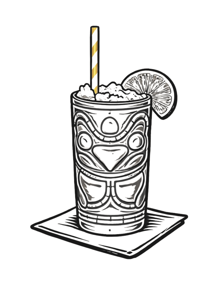 A black and white illustration of a tiki-style cocktail glass with a lemon wedge, a straw, and a frothy drink inside, placed on a coaster.