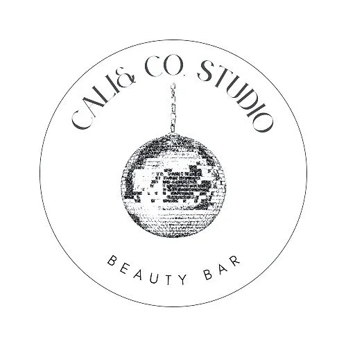 Logo for Caylo & Co. Studio Beauty Bar, featuring a disco ball hanging from the top and the text 'CAYLO & CO. STUDIO' arched above and 'BEAUTY BAR' below in a circular layout.
