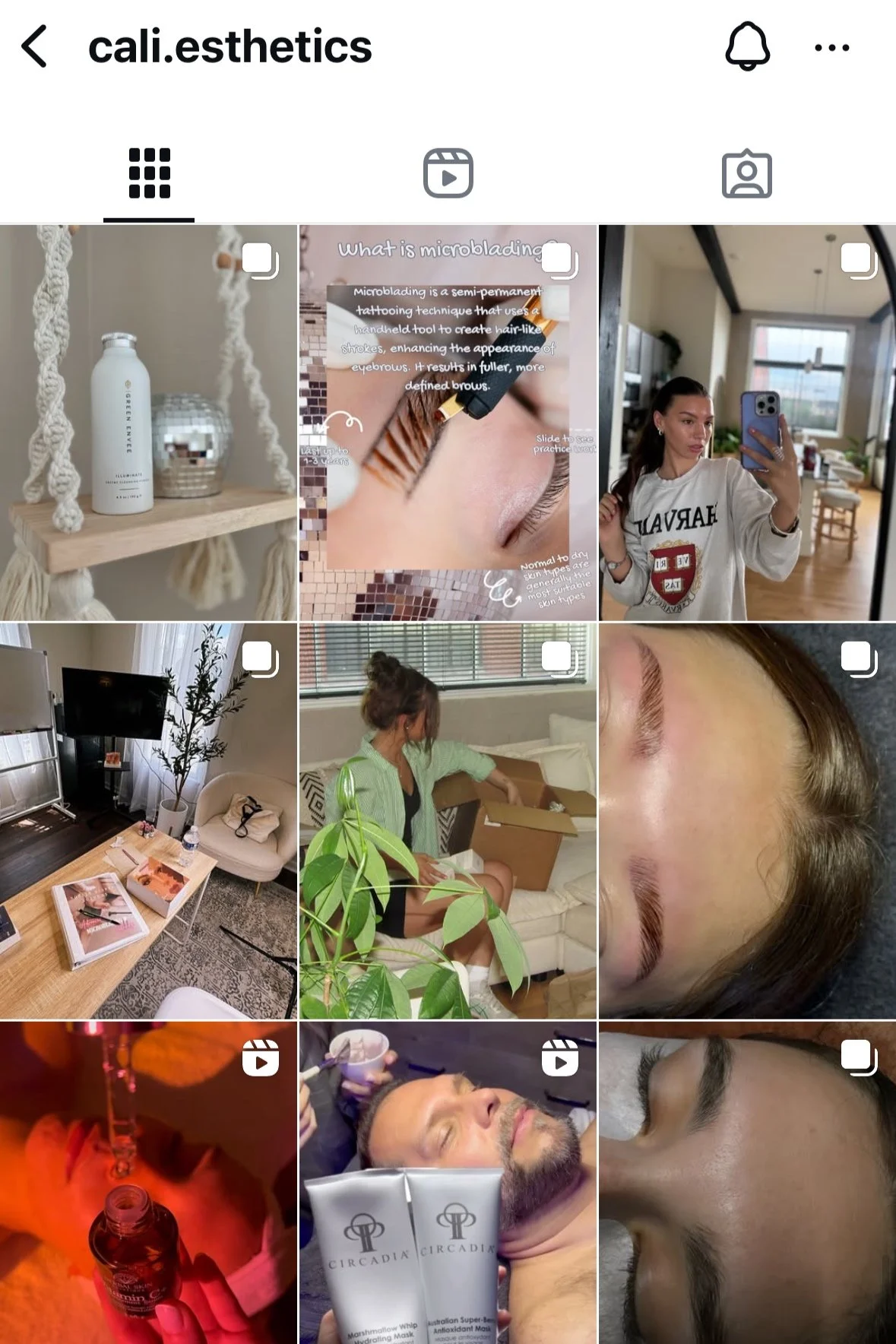 Screenshots of a social media profile related to aesthetics, featuring skincare products, a woman getting microblading, a woman taking a mirror selfie, a cozy living room, a woman unpacking, and close-up images of eyebrow treatments.