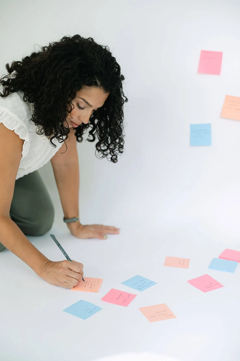 A nonprofit fundraising consultant mapping out the right fundraising strategy using colorful sticky notes on the floor.