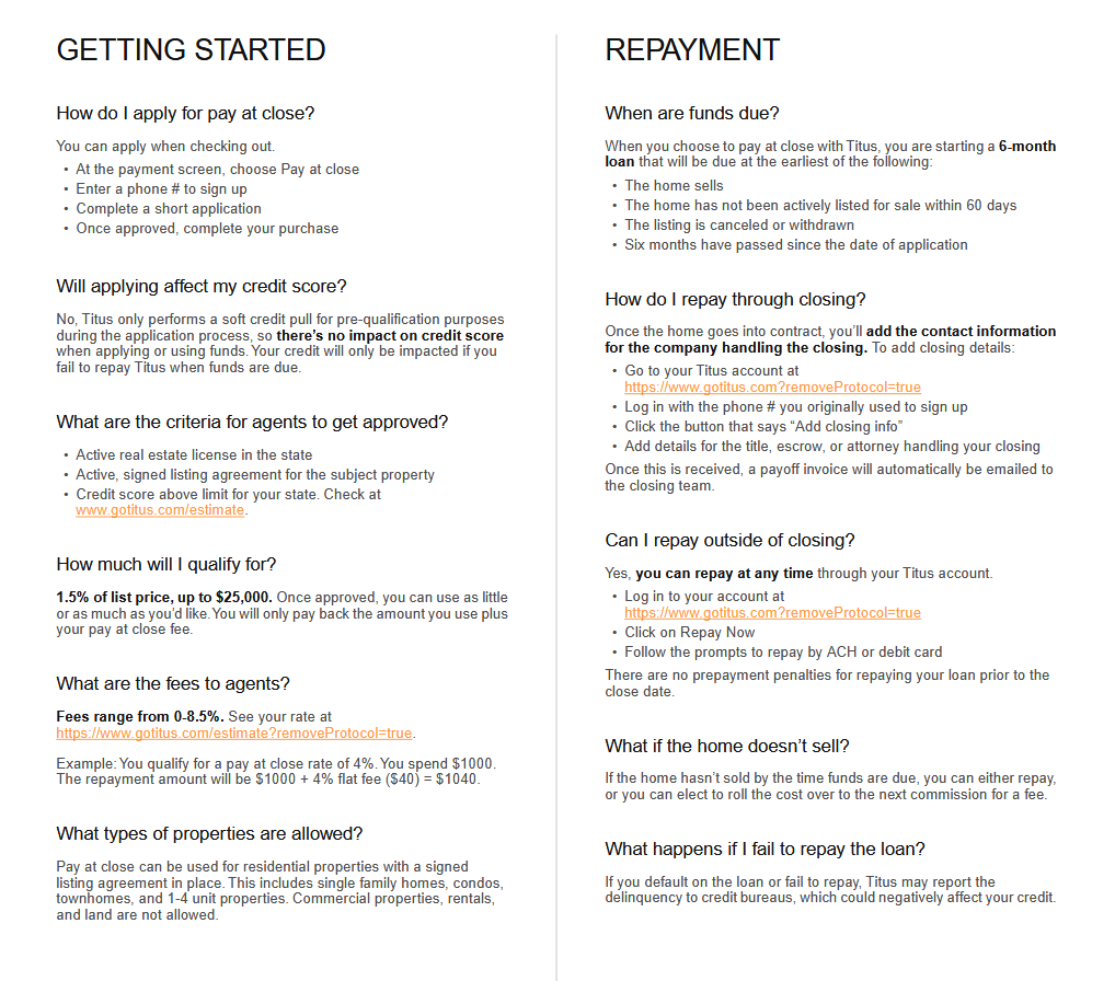 Two columns of text providing information about applying for a payday loan, including steps for application, repayment terms, criteria for approval, fees, types of properties allowed, and FAQs about repaying outside of closing and handling default.