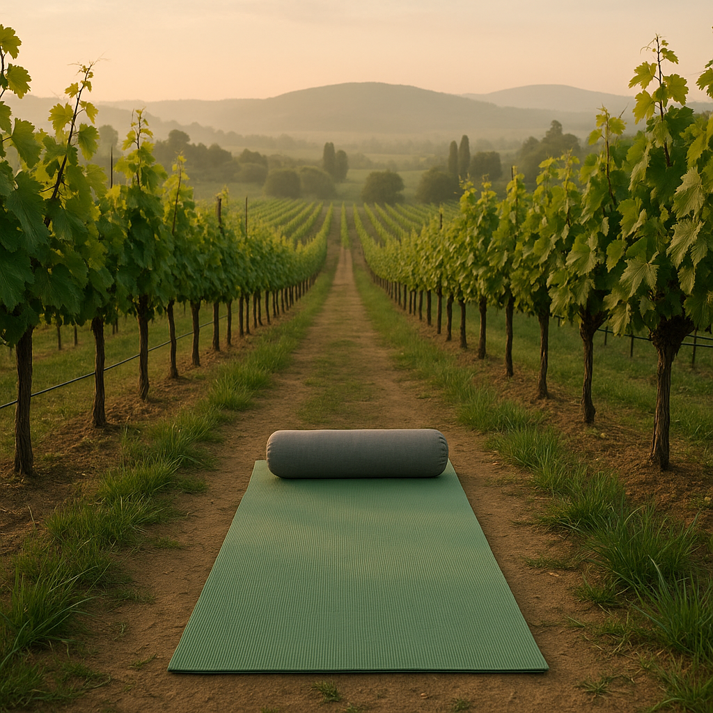 Yoga mat and bolster in a vineyard during sunrise or sunset with lush green vines and rolling hills in the background.