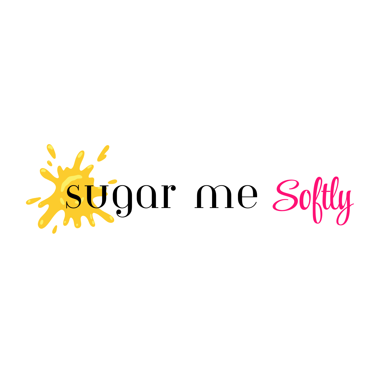 Logo with yellow paint splash, the words "sugar me" in black, and "Softly" in pink cursive