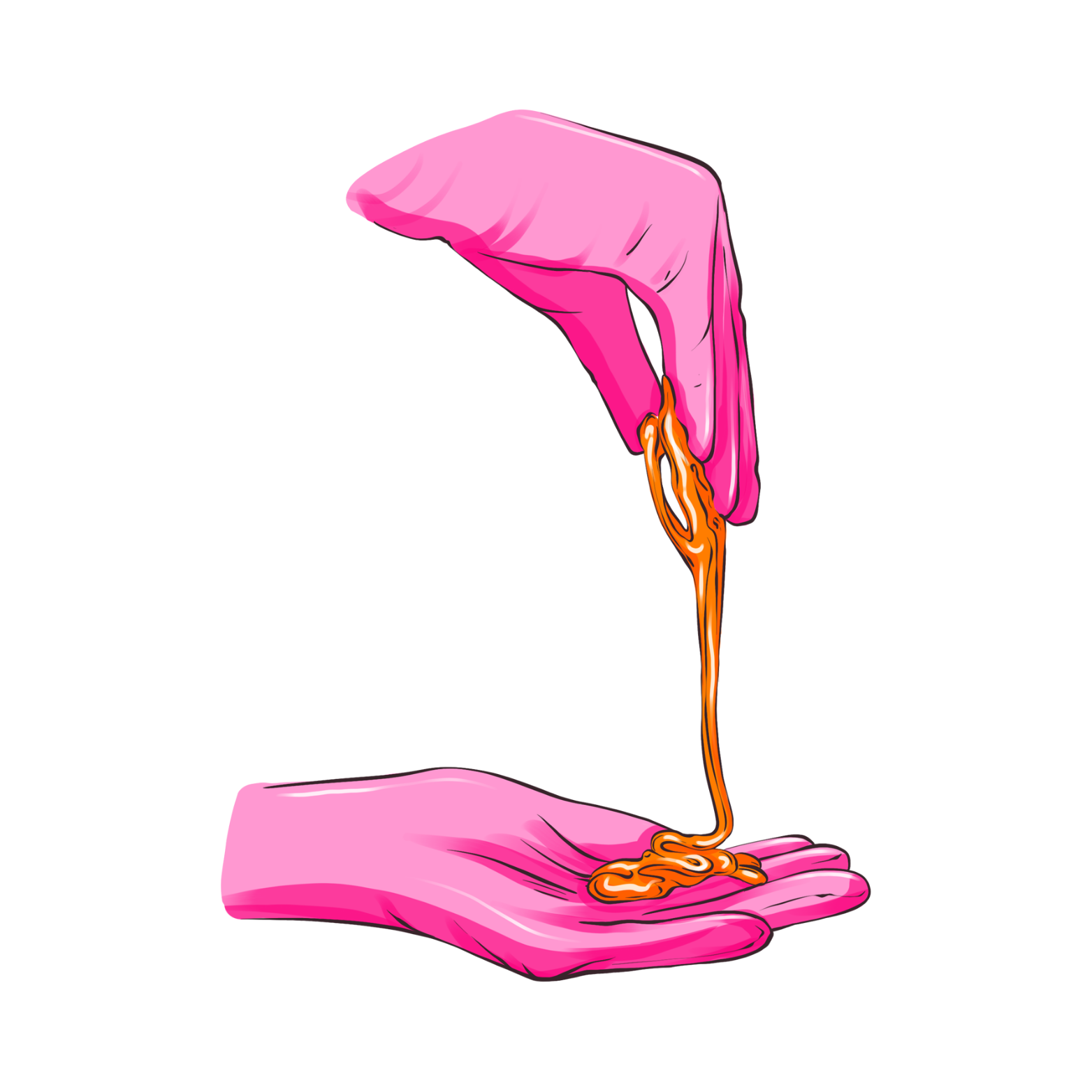 Pink gloves are holding and stretching brown slime.