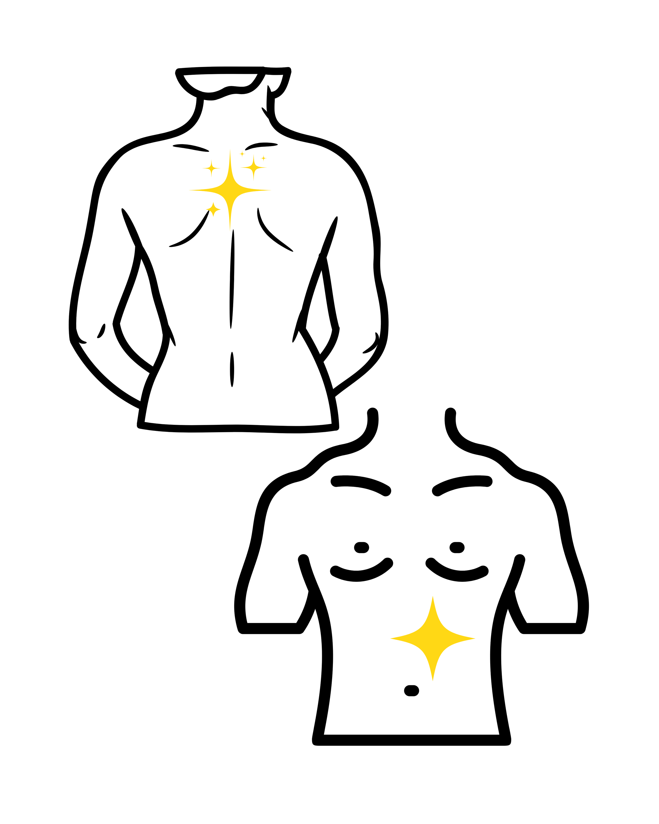 Illustration of a male and female torso with sparkles highlighting the chest and abdomen