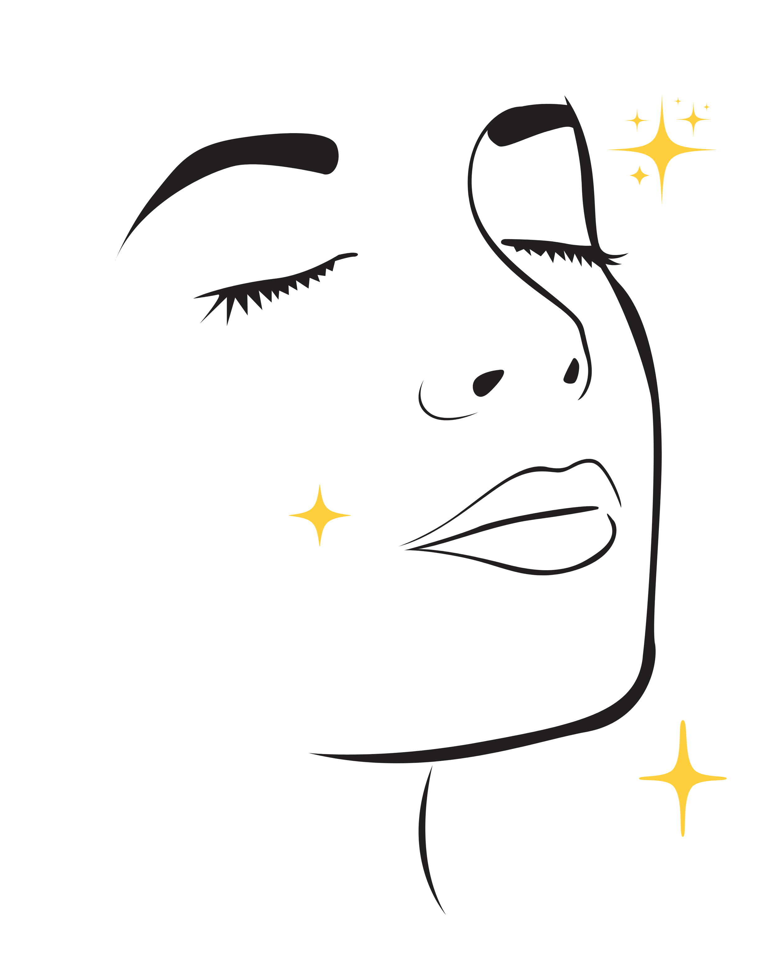 Line art drawing of a woman's face with closed eyes, full lips, and sparkles around her face.