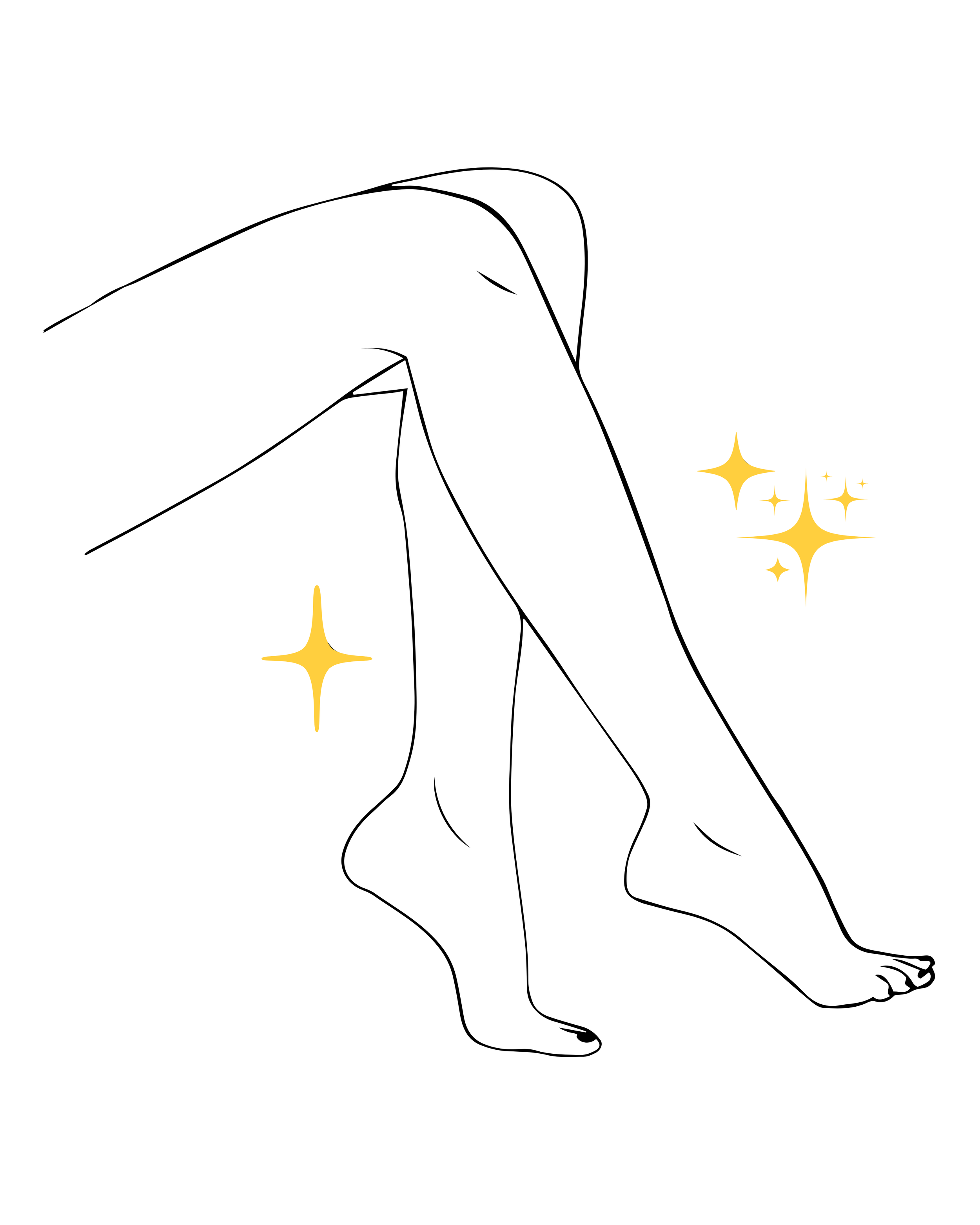 Line drawing of a person's legs with sparkling effects around them, indicating cleanliness or smooth skin.