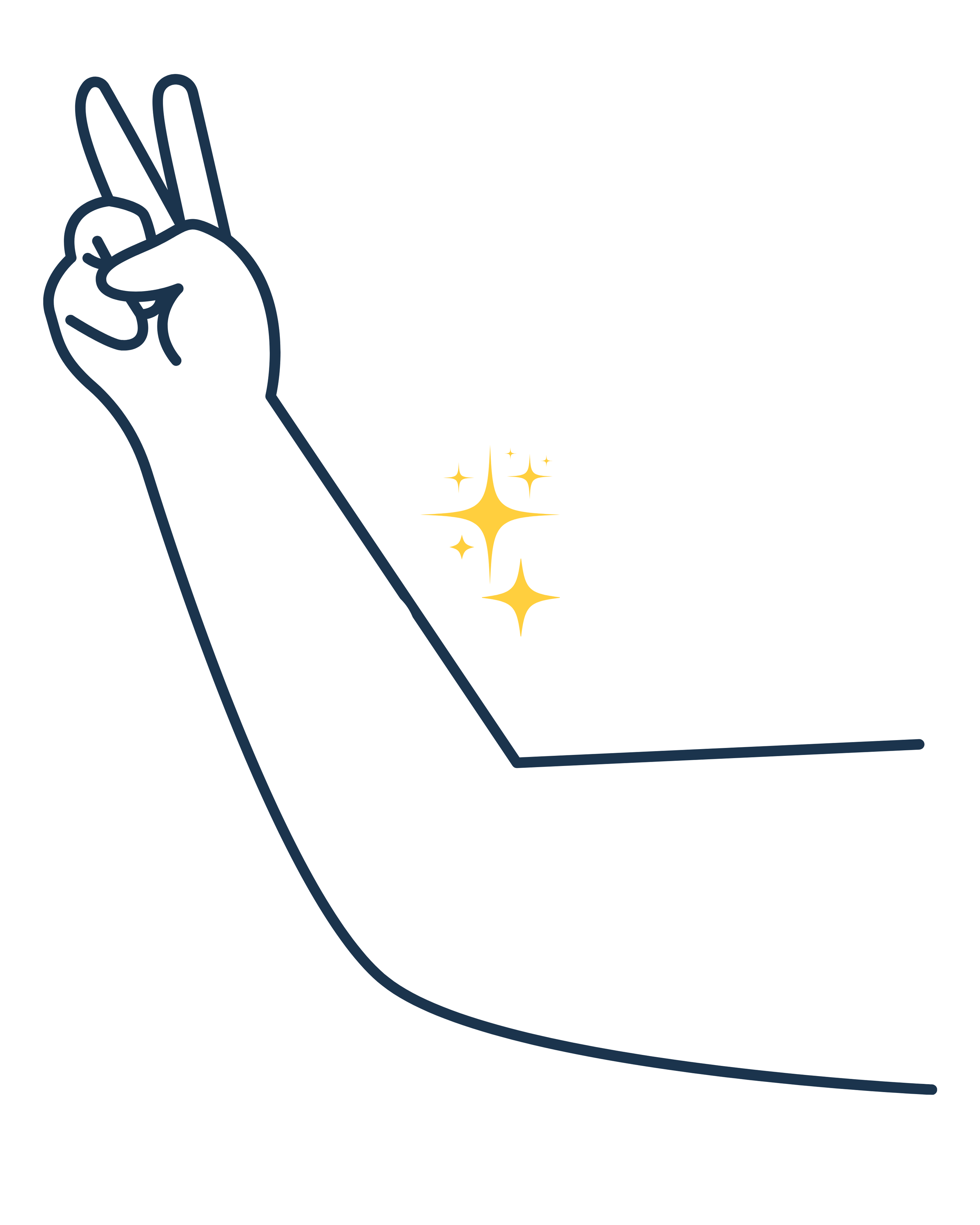 A minimalist line drawing of a hand making a peace sign, with sparkles near the wrist.