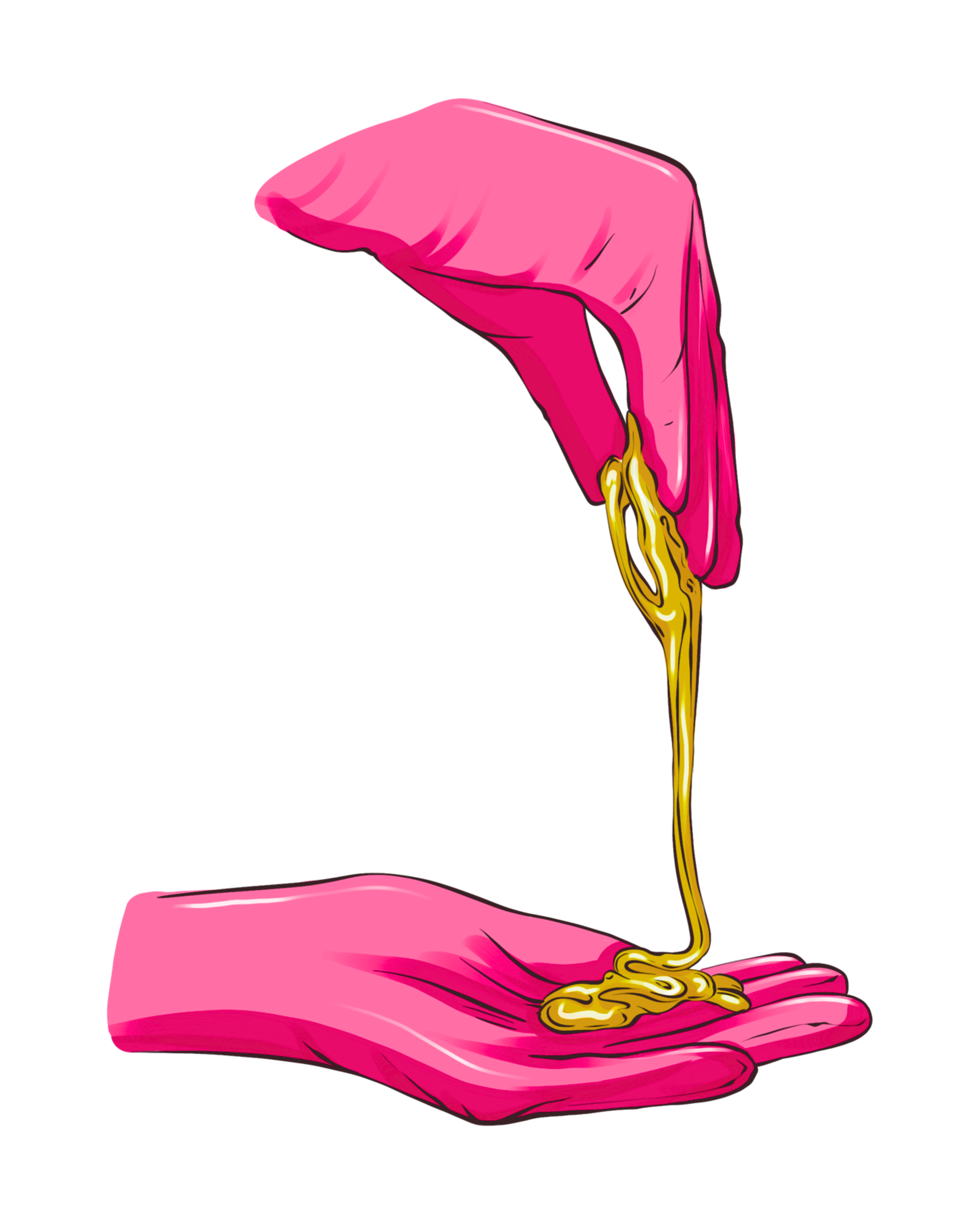Stylized drawing of two pink hands with long yellow nails, one pouring a golden liquid into the other.