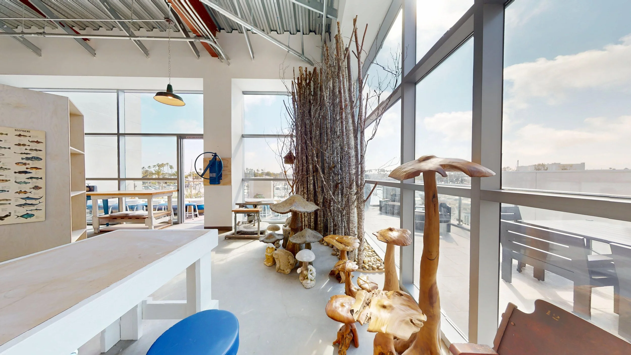 Interior of a bright room with large windows, displaying climbing mushrooms and tree branch sculptures, and a shelved display of fish illustrations.