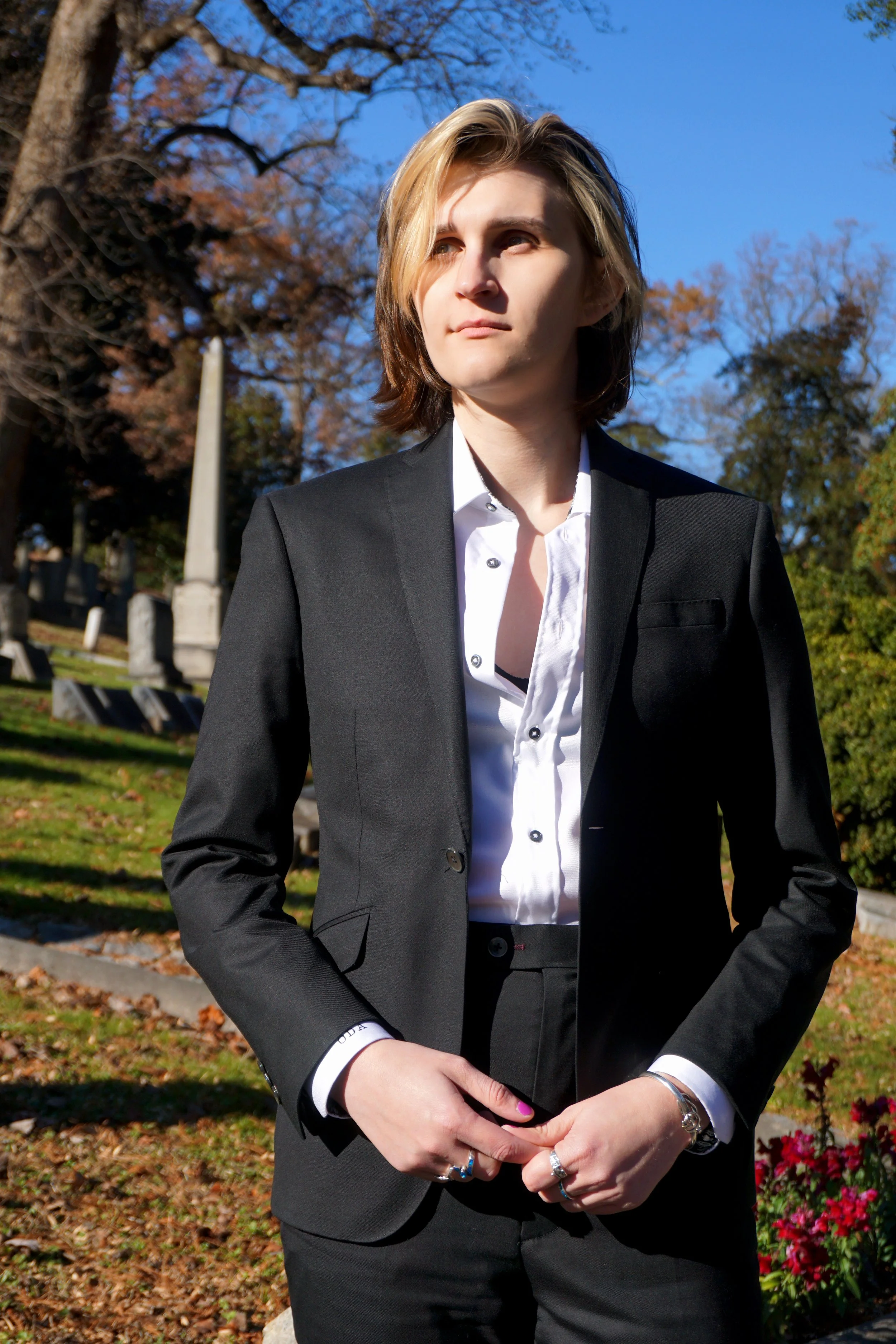 A woman in a custom black suit in Richmond, Virginia.
