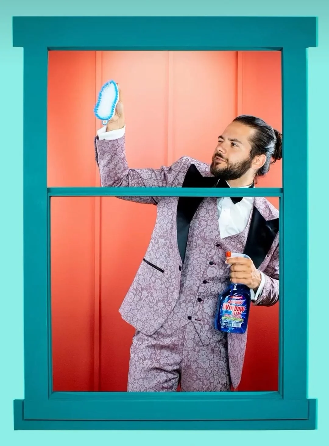 Justin W. Uglow in a pink floral Marzoni custom tuxedo in Richmond, Virginia. Photo by Jada & David.