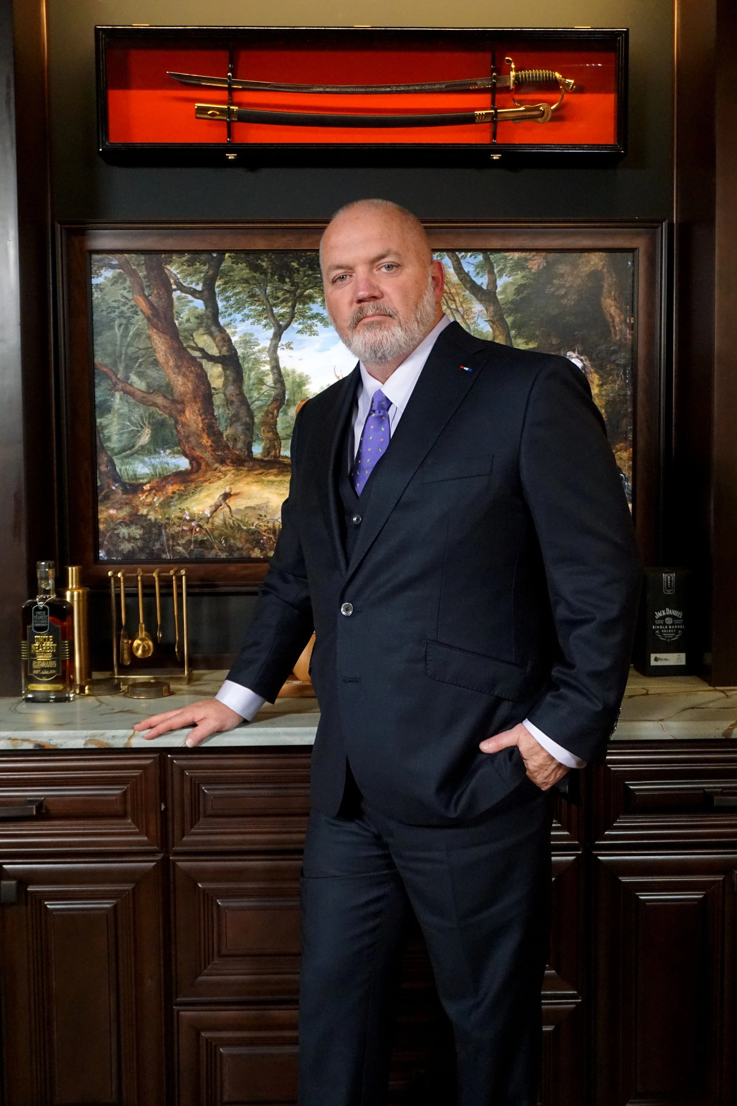 A man in a custom Dormeuil navy suit in Virginia Beach, Virginia.