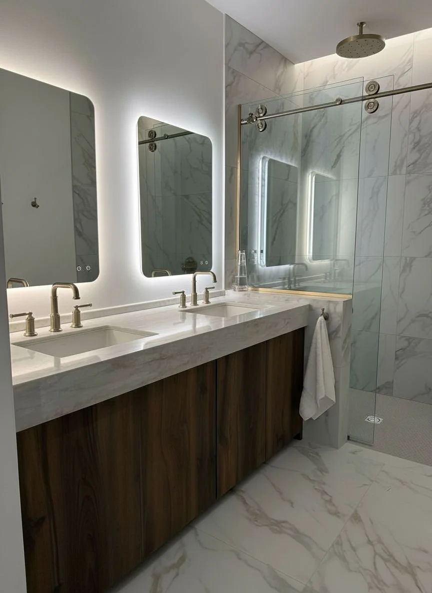 Accessible bathroom featuring a roll in shower, wide clearances, and modern finishes