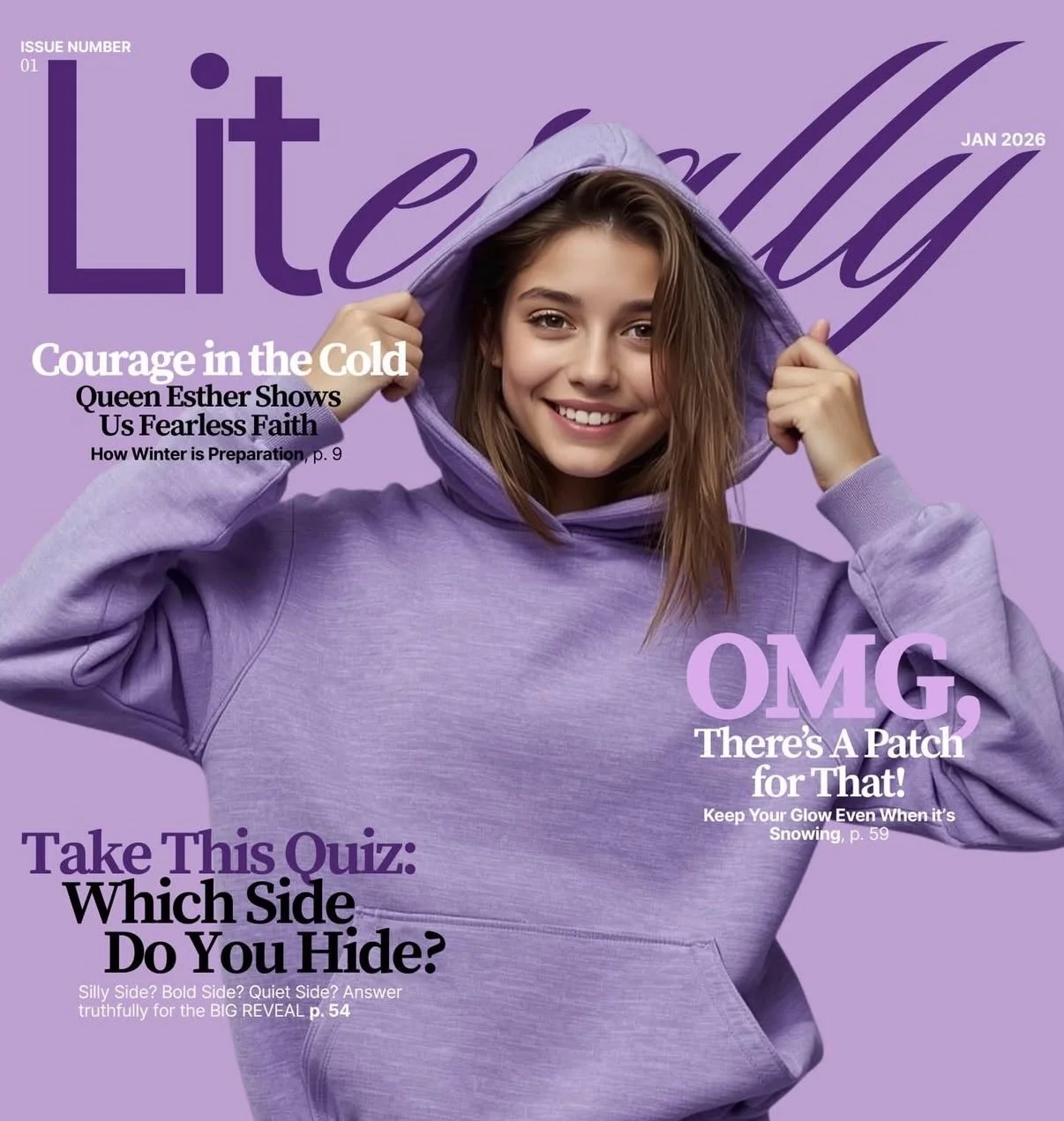 Front cover of a magazine titled 'Literally,' featuring a smiling young woman in a purple hoodie on a purple background. Headlines mention topics like courage, faith, winter preparation, a skin patch, and a quiz about hiding sides.