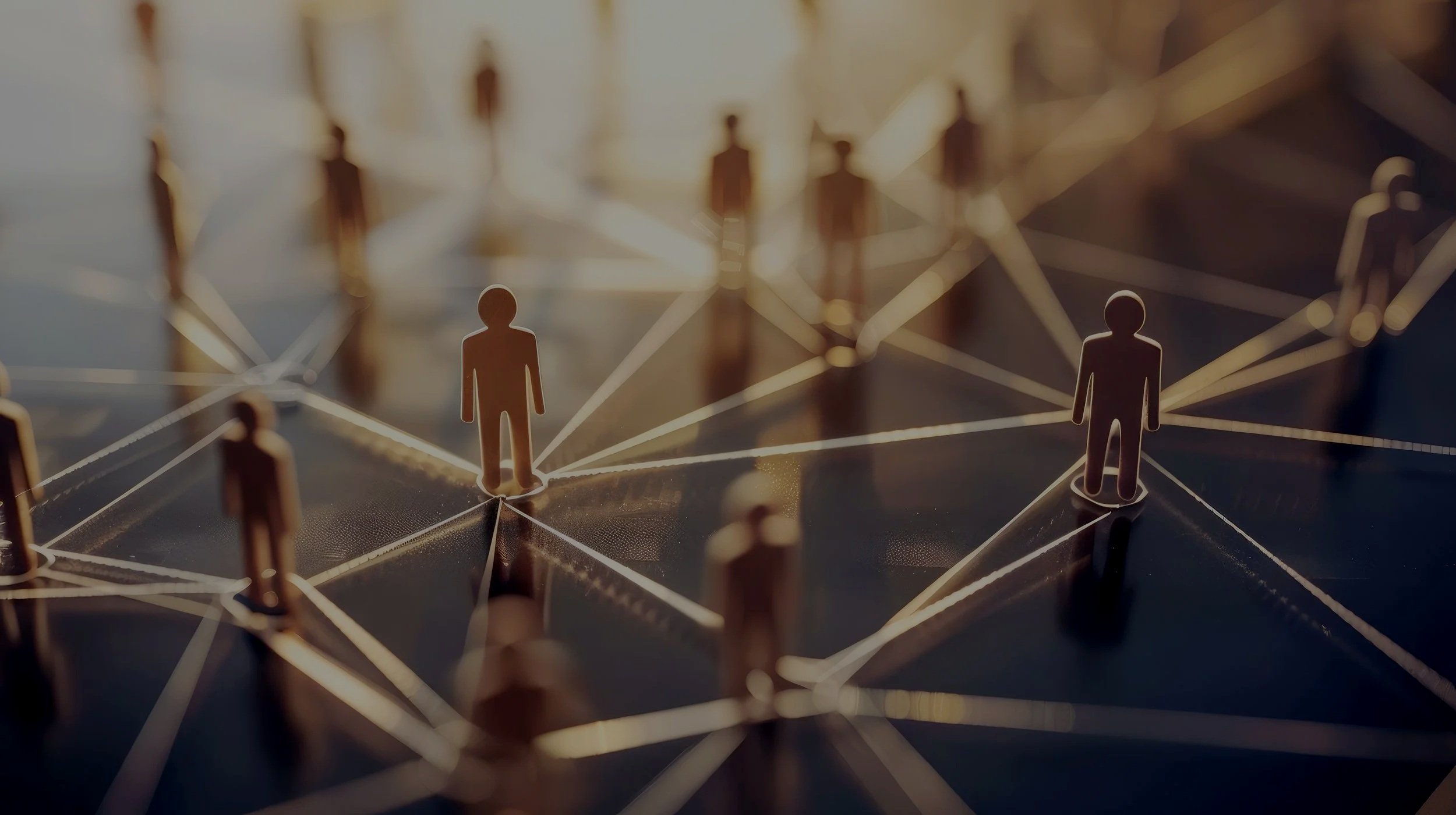 Multiple interconnected miniature human figures on a network diagram, representing social or professional connections.